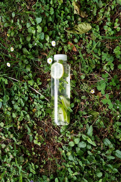 Garrafa de água deitada na grama verde entre as margaridas