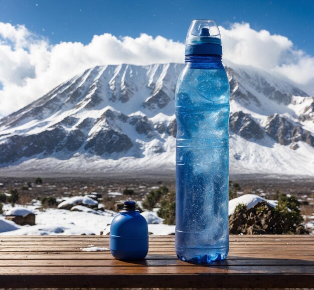 Foto garrafa de água no fundo de montanhas cobertas de neve