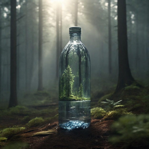 Garrafa de água no meio da floresta a luz dos filmes tiro panorâmico