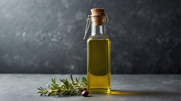Garrafa de azeite de oliva minimalista com ervas frescas
