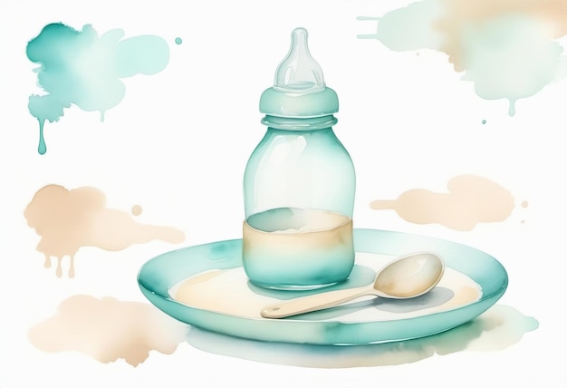 garrafa de bebê com placa de chupeta e colher modelo de conceito de desenho de aquarela