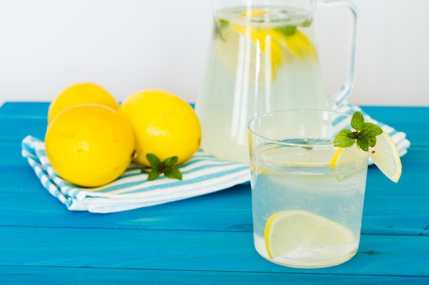 Foto garrafa de bebida fresca com sabor de limão e menta, suco