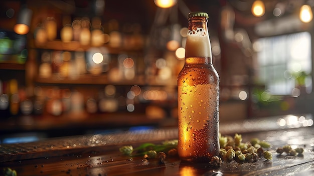 Foto garrafa de cerveja artesanal gelada em uma barra de madeira rústica