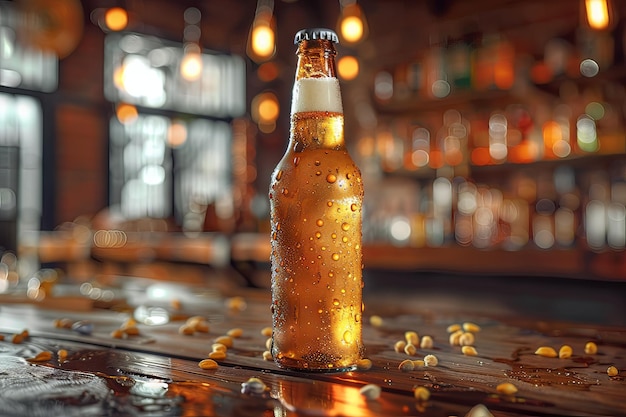 Foto garrafa de cerveja artesanal gelada em uma barra de madeira rústica