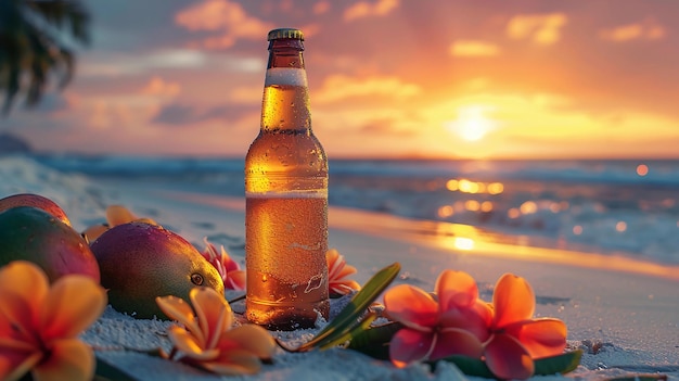 Garrafa de cerveja de manga e frutas de manga na praia tropical em Sunset Frangipani