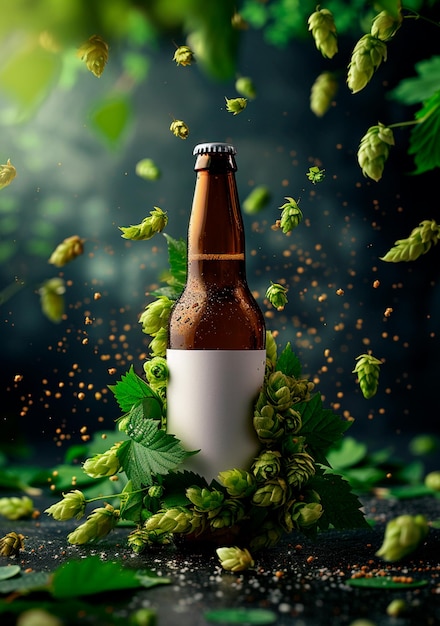 Foto garrafa de cerveja de rótulo branco com fundo de lúpulo verde