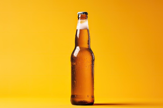 Foto garrafa de cerveja gelada em fundo amarelo com condensação