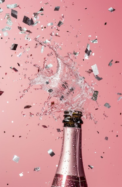 garrafa de champanhe caindo sobre um fundo rosa