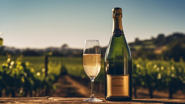 Foto garrafa de champanhe com vidro na vinha