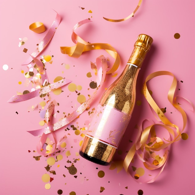 Garrafa de champanhe dourada com estrelas de confete e flâmulas de festa