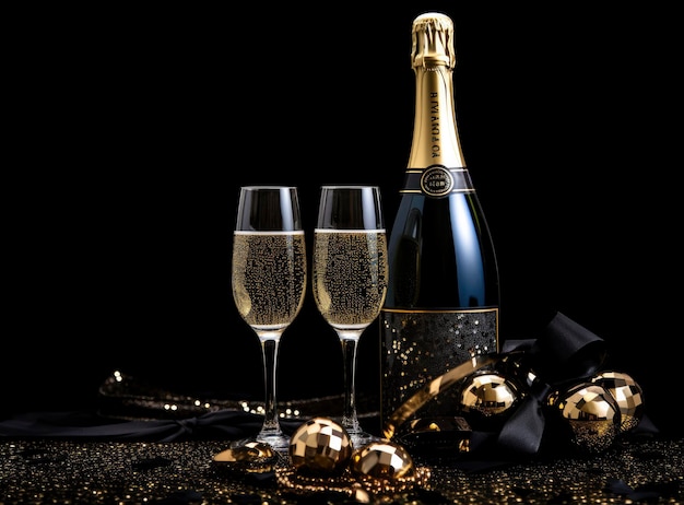 Garrafa de champanhe e copos sobre um fundo preto