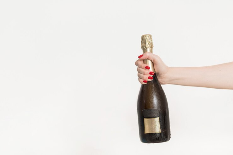 Garrafa de champanhe. Postura plana. Conceito de celebração de festa