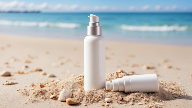 garrafa de cosméticos branca na areia da praia com fundo de praia