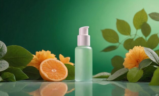 Garrafa de cosméticos de vidro orgânico com dispensador cercada por folhas verdes, flores e laranjas