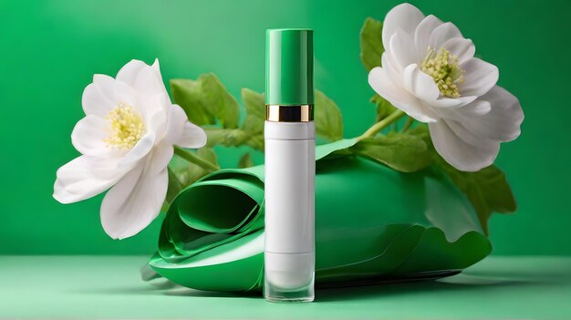 Garrafa de cosméticos em fundo verde com flores brancas