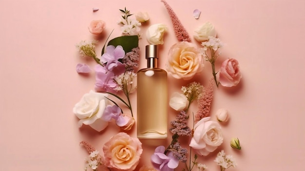 Garrafa de cosméticos rosa com rosas faciais, água ou tóner com flores e pétalas de óleo essencial