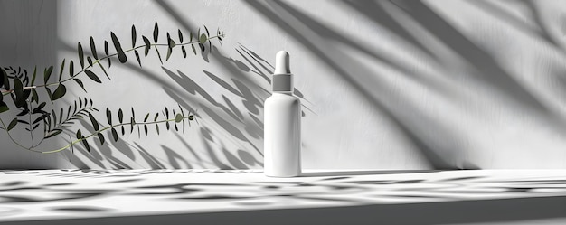 Garrafa de cuidados com a pele branca minimalista em mesa branca limpa para apresentação de produto Conceito Exibição de produto Cuidados com a pele rotina limpa Estética Cosmética Embalagem Indústria da beleza