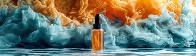 garrafa de cuidados com a pele e cuidados com o corpo banner publicitário para produtos de beleza natural em fundo de salpicaduras de tinta nebulosa