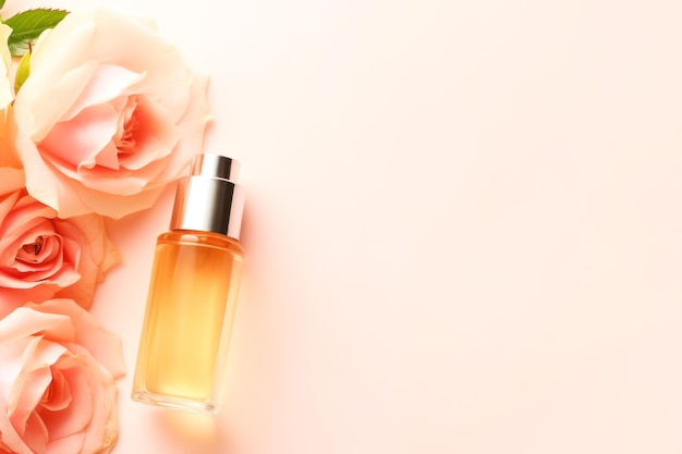 Garrafa de gotícula cosmética com óleo ou perfume de rosas e rosas em fundo rosa tenro