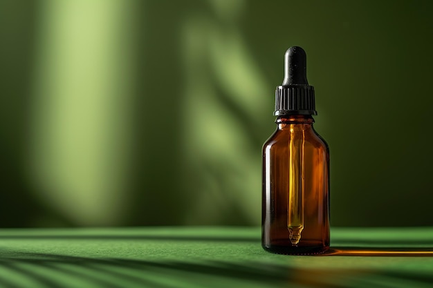 Foto garrafa de gotícula de vidro com óleo cosmético em fundo verde com sombra de folha de palmeira com ia gerada