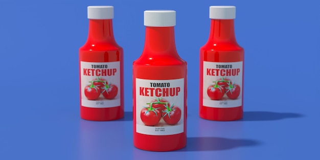 Garrafa de ketchup isolada na ilustração 3d do modelo de maquete de fundo azul