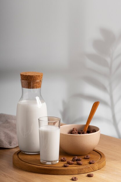 Foto garrafa de leite com cereais de pequeno-almoço