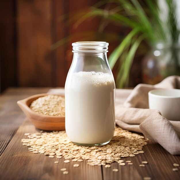 Foto garrafa de leite de aveia para cozinhar em casa em mesas leite vegetal
