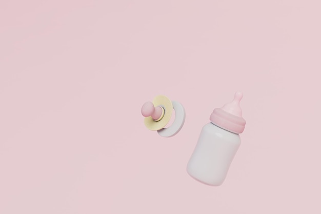 Foto garrafa de leite de bebê e chupeta em um fundo pastel rosa copiar colar espaço de cópia 3d render