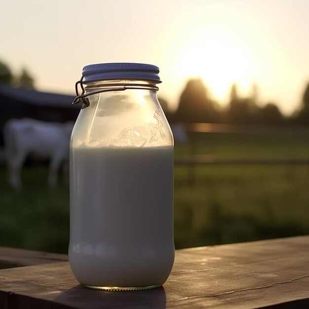 Foto garrafa de leite do dia mundial do leite ou jar na mesa de madeira generative ai