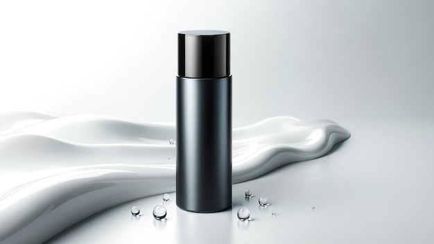 garrafa de maquiagem cosmética para loção ou creme colocada contra um fundo fresco de água branca prístina