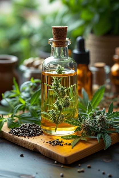 Garrafa de óleo de cânhamo com folhas e sementes de cannabis