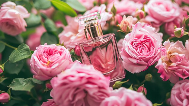 Garrafa de perfume com belas flores conceito de beleza plano lay vista superior