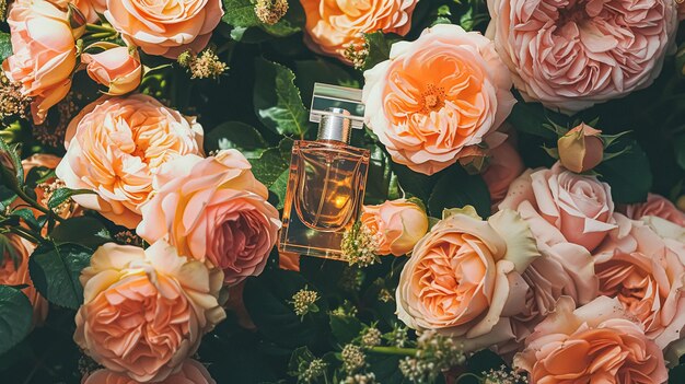 Garrafa de perfume com belas flores Conceito de beleza Vista superior plana