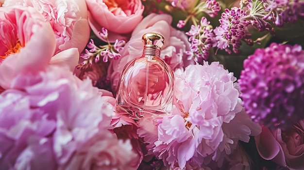 Garrafa de perfume com belas flores Conceito de beleza Vista superior plana