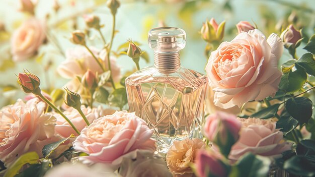 Garrafa de perfume com belas flores Conceito de beleza Vista superior plana