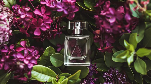 Foto garrafa de perfume com belas flores conceito de beleza vista superior plana