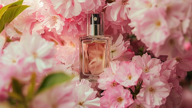 Foto garrafa de perfume com belas flores conceito de beleza vista superior plana