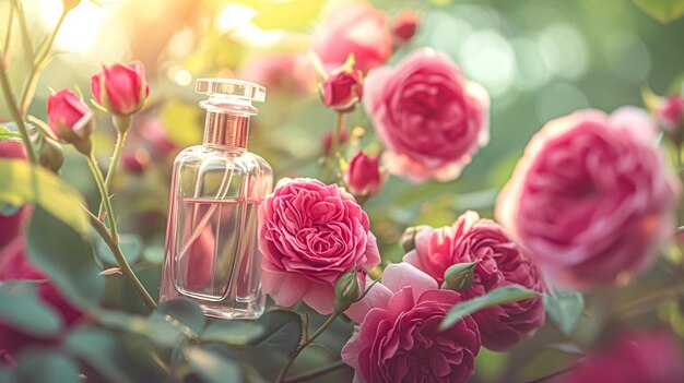 Garrafa de perfume com belas flores Conceito de beleza Vista superior plana