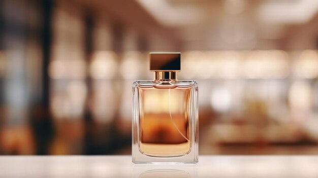 garrafa de perfume com frente em branco realista em um modelo em uma mesa em uma loja de luxo