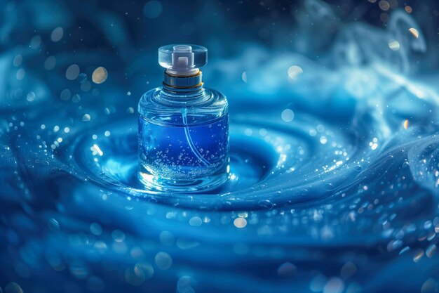 Foto garrafa de perfume com fumaça azul mística