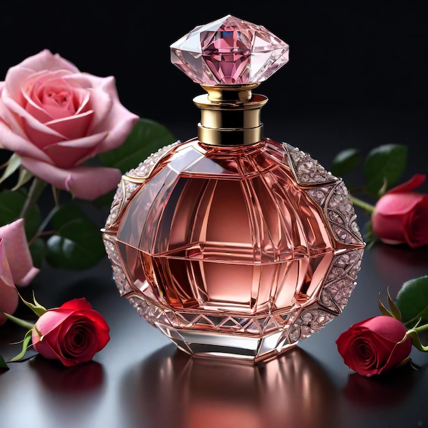 Garrafa de perfume com rosas cor-de-rosa em fundo preto em close-up