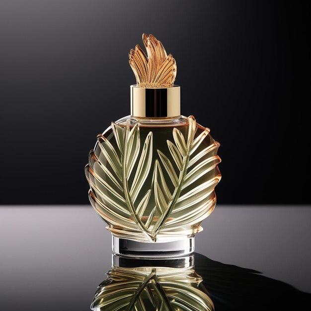 Foto garrafa de perfume com uma tampa de folha de palmeira