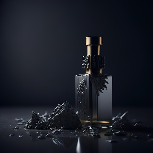 Garrafa de perfume de luxo com detalhes pretos sobre um fundo escuro