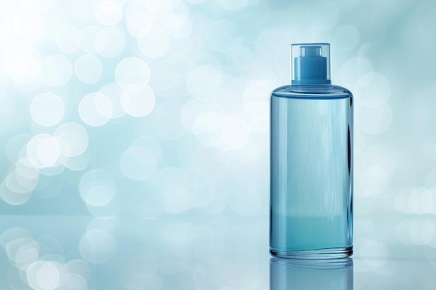 Foto garrafa de perfume de mulheres eau de parfum em uma bela garrafa de vidro azul em um fundo bokeh brilhante uma fragrância para mulheres spray de perfume moderno de luxo eau de toilette espaço de cópia mock up