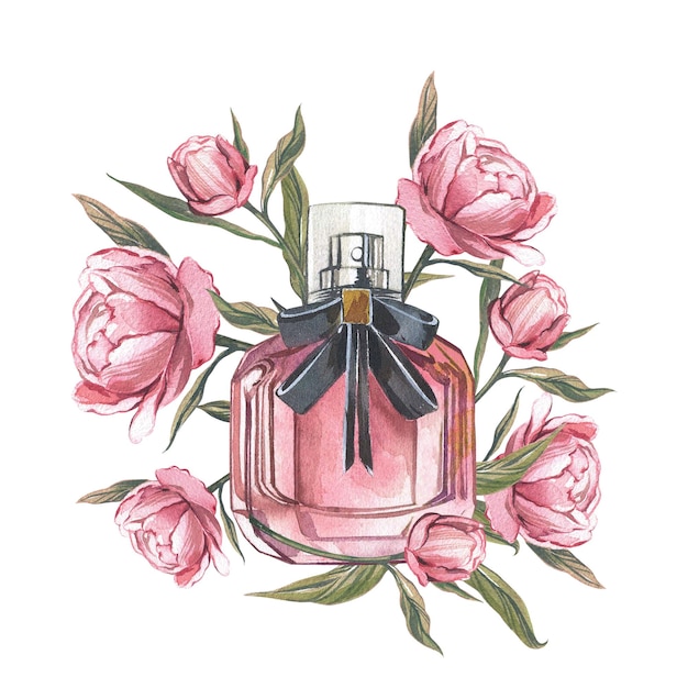 Foto garrafa de perfume de vidro com flores de peônia isoladas em fundo branco aquarela desenho à mão illustrati