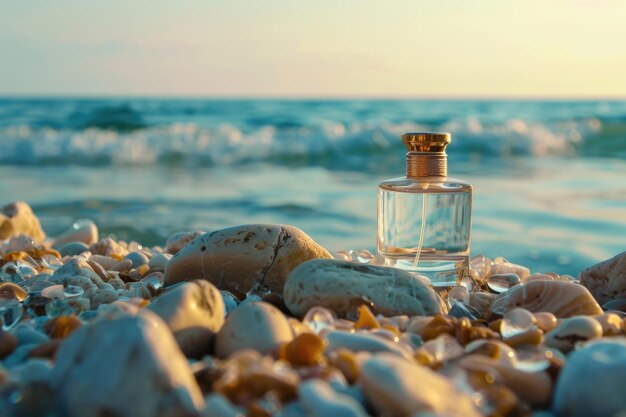 Foto garrafa de perfume de vidro em pedras perto do oceano conceito de perfumaria seletiva