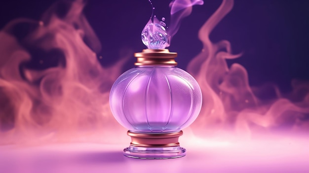 garrafa de perfume de vidro ou cristal de luxo com ondas de fumaça de fundo em tema roxo-púrpura