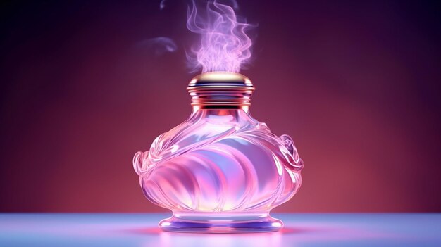 garrafa de perfume de vidro ou cristal de luxo com ondas de fumaça de fundo em tema roxo-púrpura