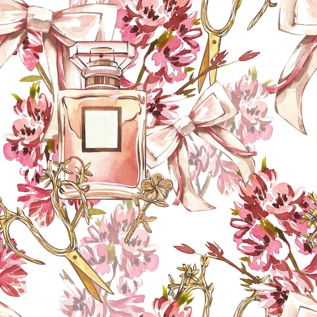 Garrafa de perfume de vidro padrão sem costura arco tesoura dourada flor isolada na mão branca aquarela d