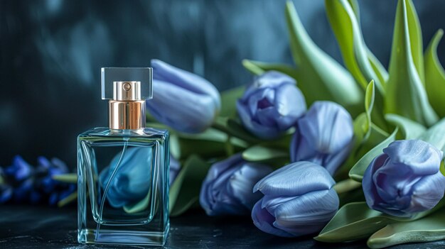 Foto garrafa de perfume em flores fragrância em fundo florescente cheiro floral e ideia de produto cosmético